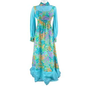 Vtg 60s MOD Maxi Dress XS/S Chiffon Flower Power‎ Psychedelic Hippie Gown Floral